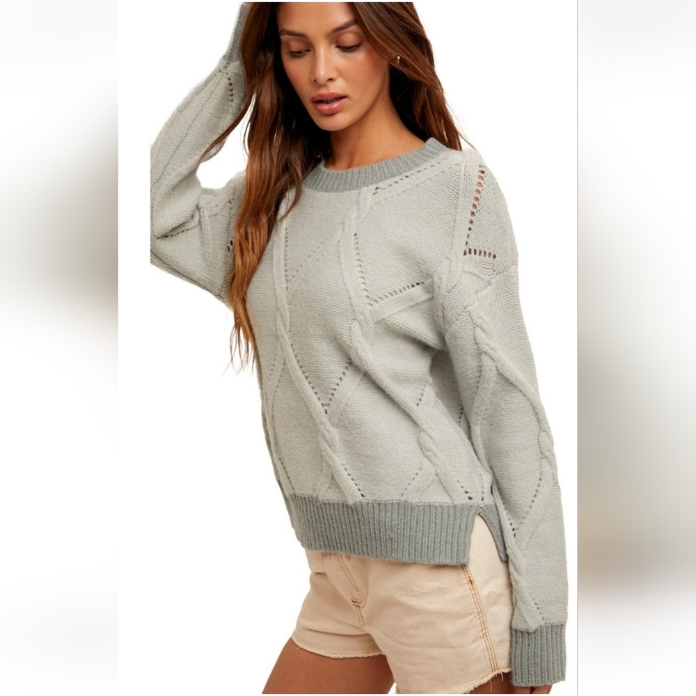 Hem & Thread Light Gray Cable Knit Sweater Size M Soft Cozy Chic